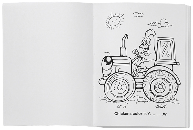 Página con un dibujo de un pollo conduciendo un tractor